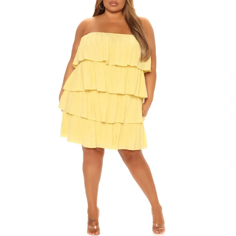 FASHIONNOVA NWT 1X 2X Yellow Ruffle It Up Strapless Mini Dress (T01.7) - Picture 1 of 5